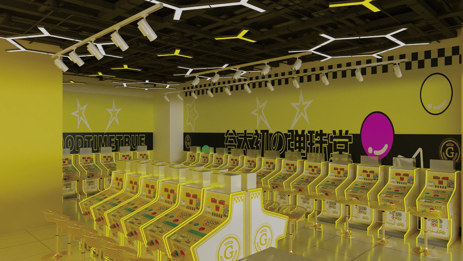 Arcade store interior layout with multiple pinball machines installed in rows designed by Chengjietian for amusement and entertainment centers